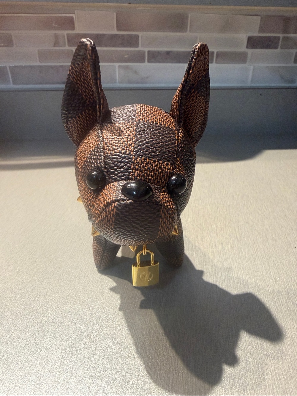 Brown Checkered Dog Key & Card Holder with Gold Padlock Accent